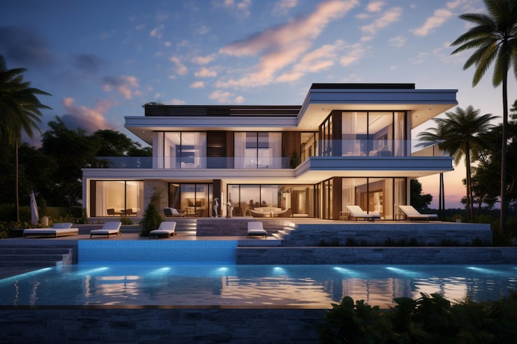 Artist's impression of a luxury villa at dusk (illustrative image)